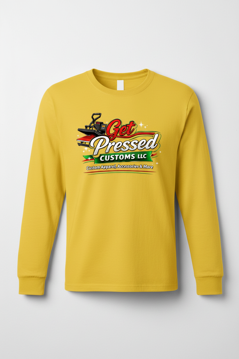 Yellow long sleeve t-shirt mockup with Get Pressed Customs LLC logo