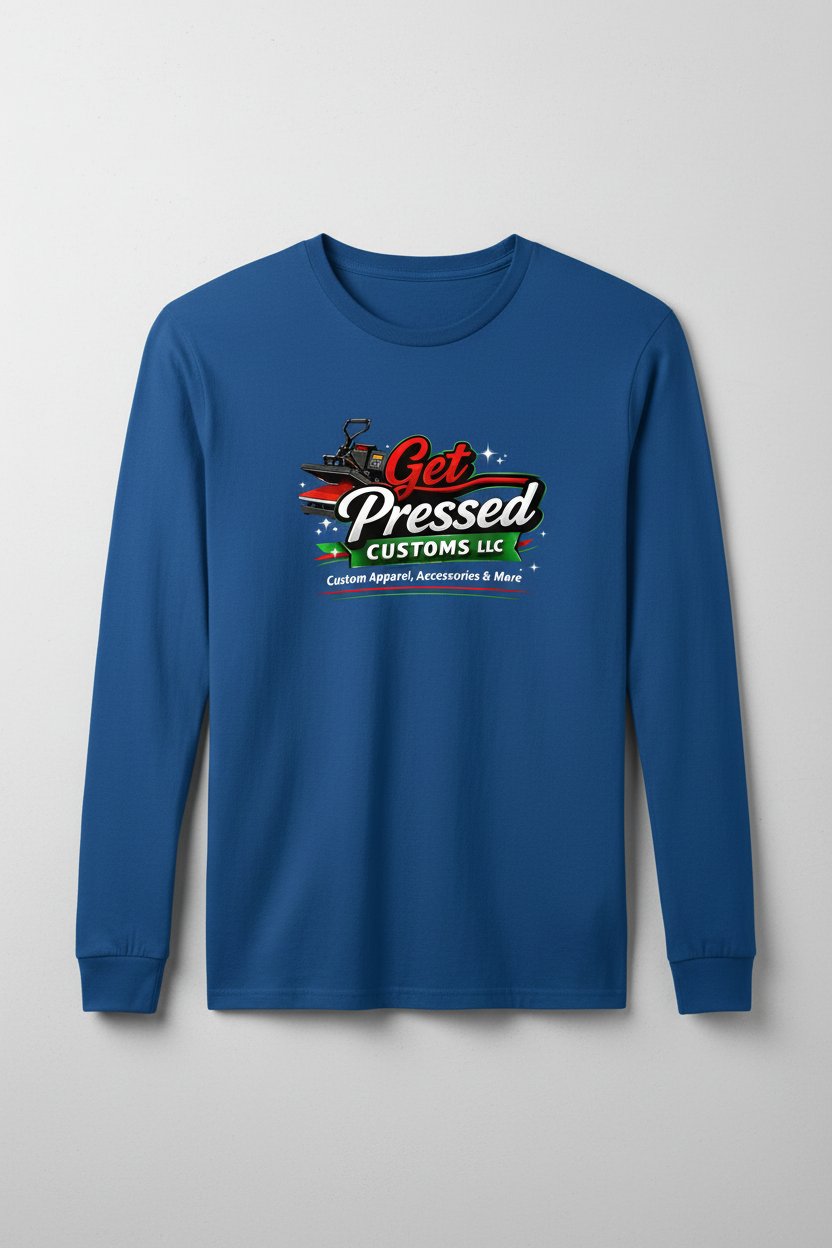 Blue long sleeve t-shirt mockup with Get Pressed Customs LLC logo