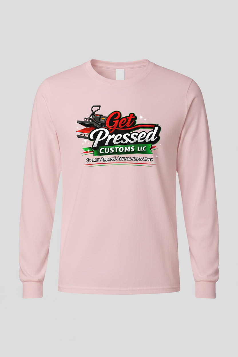 Pink long sleeve t-shirt mockup with Get Pressed Customs LLC logo