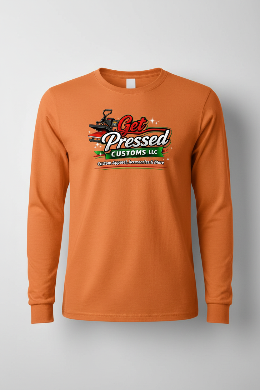 Orange long sleeve t-shirt mockup with Get Pressed Customs LLC logo